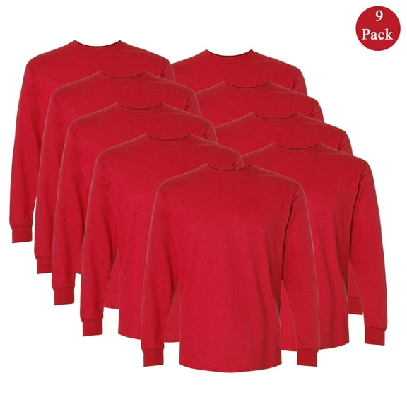 Gildan Ultra Cotton Long Sleeve T-Shirt, Men's Crew Neck Red Color Comfort Blank Tee, 9-Pack, S