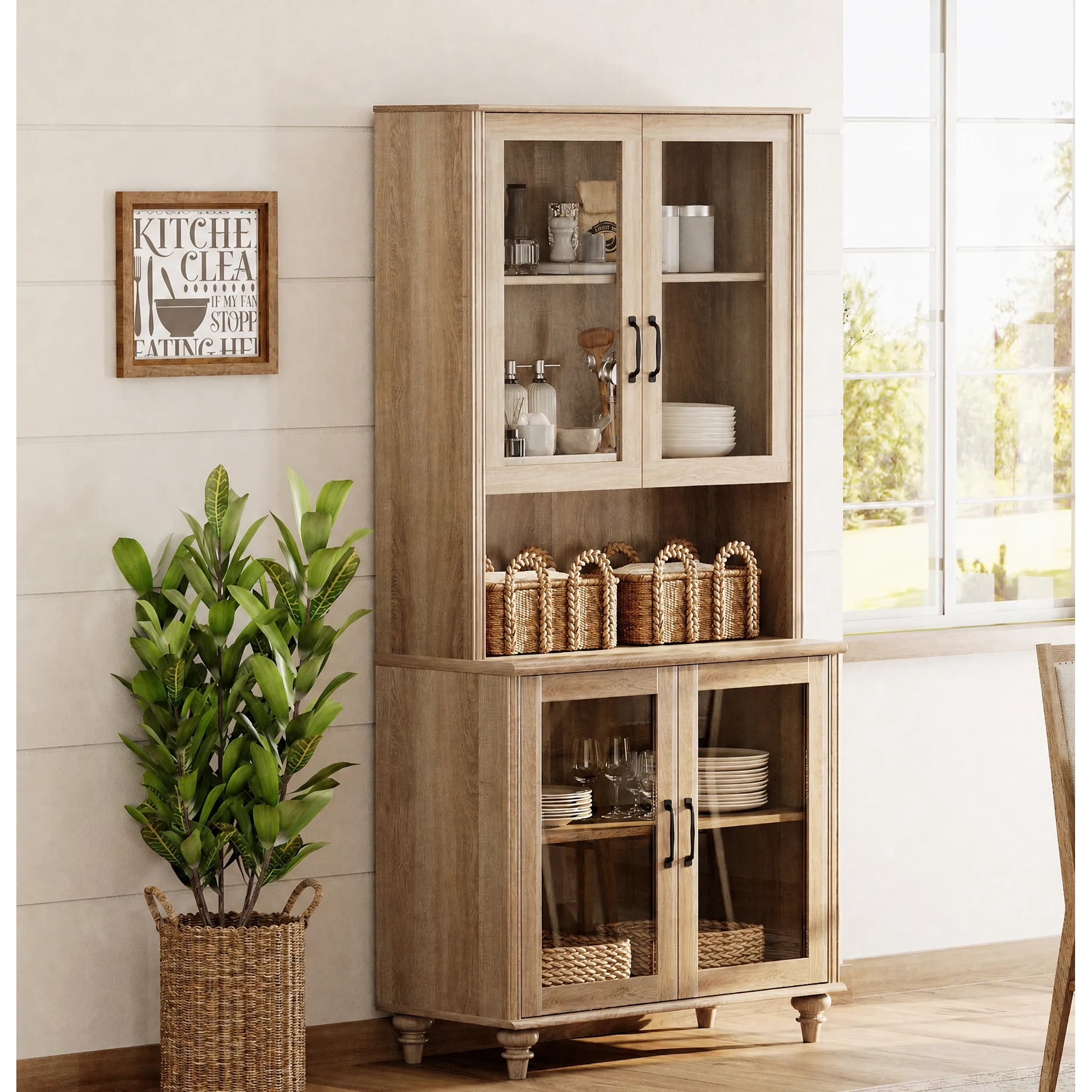 Oak Morden Bookcase with Adjustable Shelf and Glass Doors Farmhouse Library Wooden Bookshelves for Living Room Office Study Room Kitchen