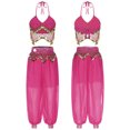 thumbnail image 3 of Traje de danza del vientre para mujer, cuello Halter, lentejuelas, cuentas de plástico, borla nítida, encaje, Top corto de danza y pantalones sueltos con abertura lateral, 3 of 5