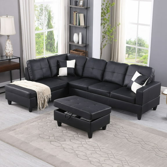 taoruifang Faux Leather Right-Facing Sectional Sofa Set with Storage Ottoman and 2 Square Pillows, Black