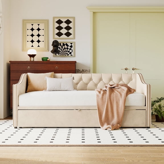 Miekor Twin Size Upholstered daybed with Pop Up Trundle, Beige BC2A3285