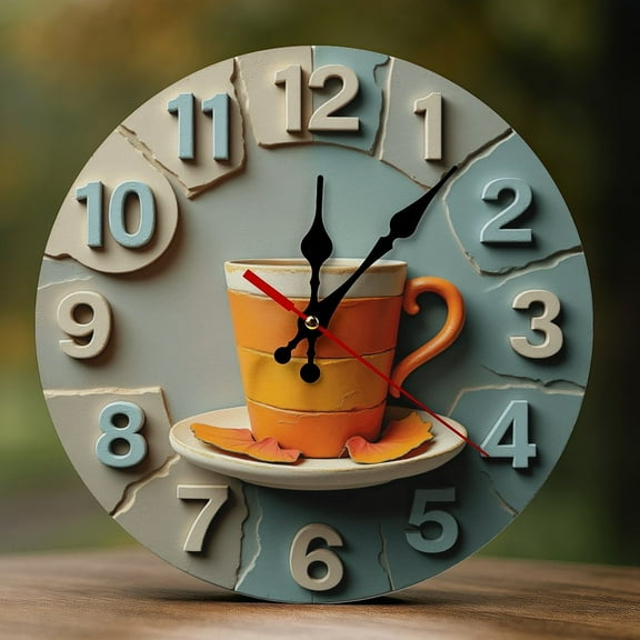 Wall Clock Decorative - Modern Tea Cup Print 2D Vintage Wall Clocks Battery Operated Silent Non-Ticking for Bedroom, Living Room, Kitchen, Office, Classroom, 10 Inch