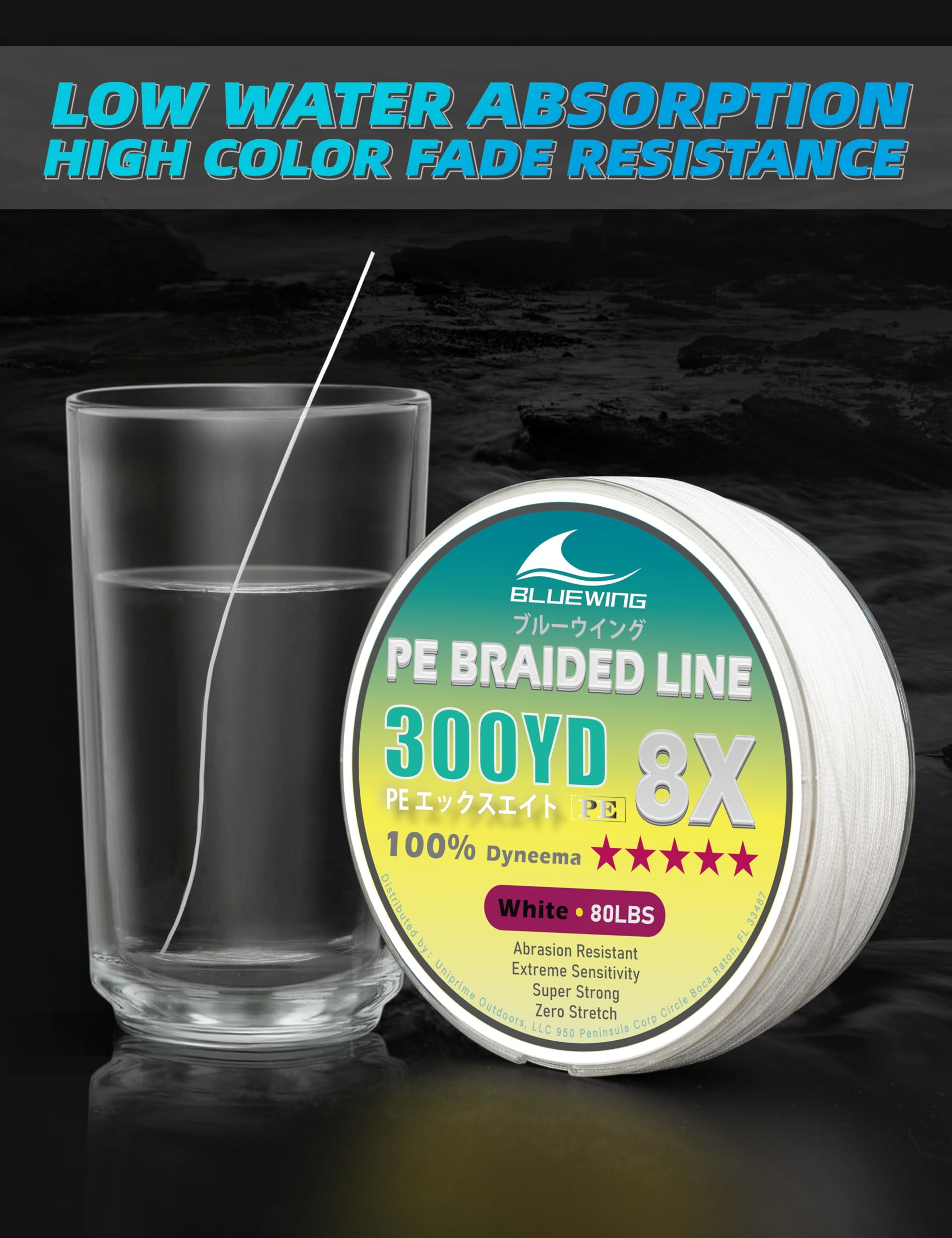 BLUEWING Braided Fishing Line 8 Strands PE Braid Fishing Lines Thin Diameter & Abrasion Resistant Fishing String for Saltwater Fishing 80LBS 300YD White