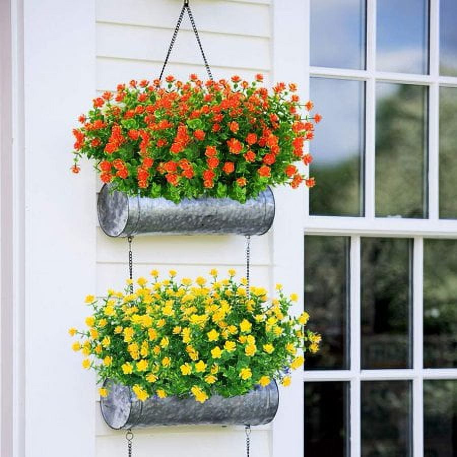 Sinhoon 12 Bundles Outdoor Artificial Flowers UV Resistant Fake Boxwood Plants, Faux Plastic Greenery for Indoor Outside Garden Home Wedding Farmhouse Decor (Orange)