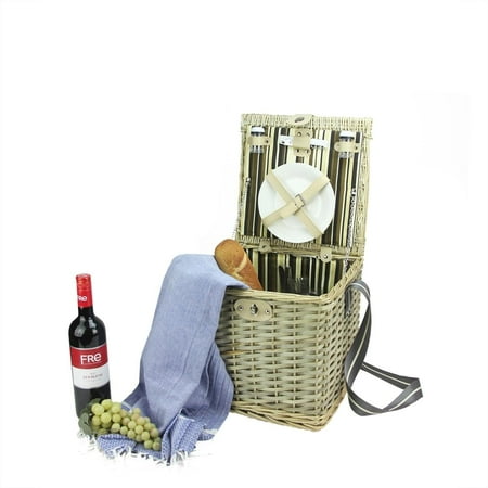 Picnic Basket Sets For Two 2-Person Hand Woven Warm Gray Natural Willow and Striped Picnic Basket Set with Accessories ()