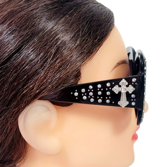 Womens Oversize Sunglasses Square Frames with Christian Cross and Rhinestones - Black Silver