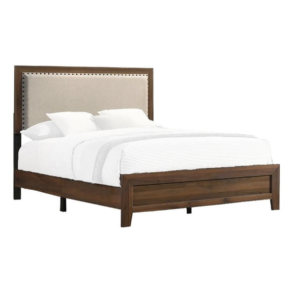Benjara Shannon Full Bed with Nailhead Trim- Ivory Fabric on Cherry Brown Wood