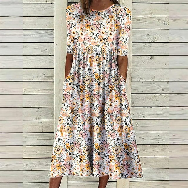 EGNMCR Robes d'Été pour Femmes Tendance 2024 Robe d'Été Décontractée pour Femmes à Col Rond à Manches Mi-Longues à Imprimé Floral avec Poche