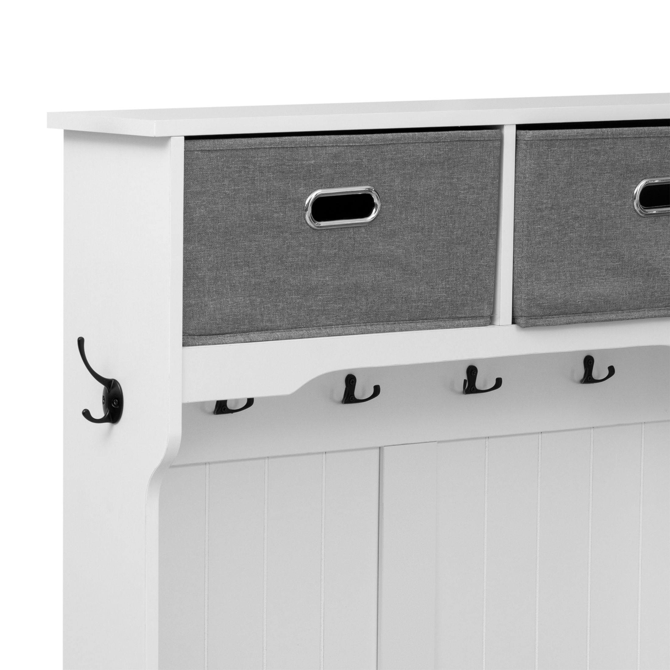 DEALTOPS Modern Hall Tree with Soft Bench and Movable Storage Boxes, Entryway Coat Racks with Drawers, White