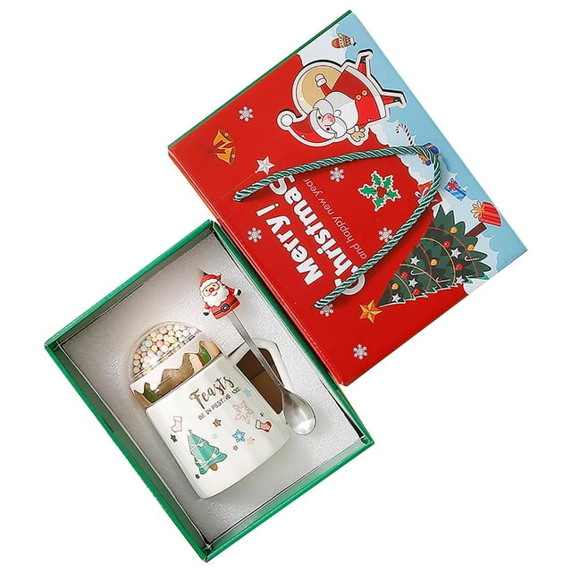 Ceramic Christmas Mug with Lid & Spoon, Santa Claus Design for Coffee Tea Milk, Office Gift in Festive Gift Box