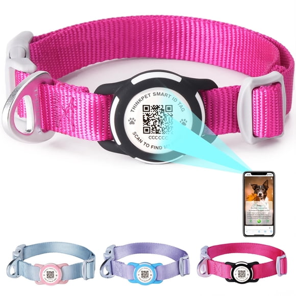ThinkPet Airtag Holder Nylon Dog Collar with Smart ID QR Code Tag: Prevents Dogs from Getting Lost at Night, Displays Owner and Pet Details. Waterproof, Durable, Adjustable, Thick-Rose-L