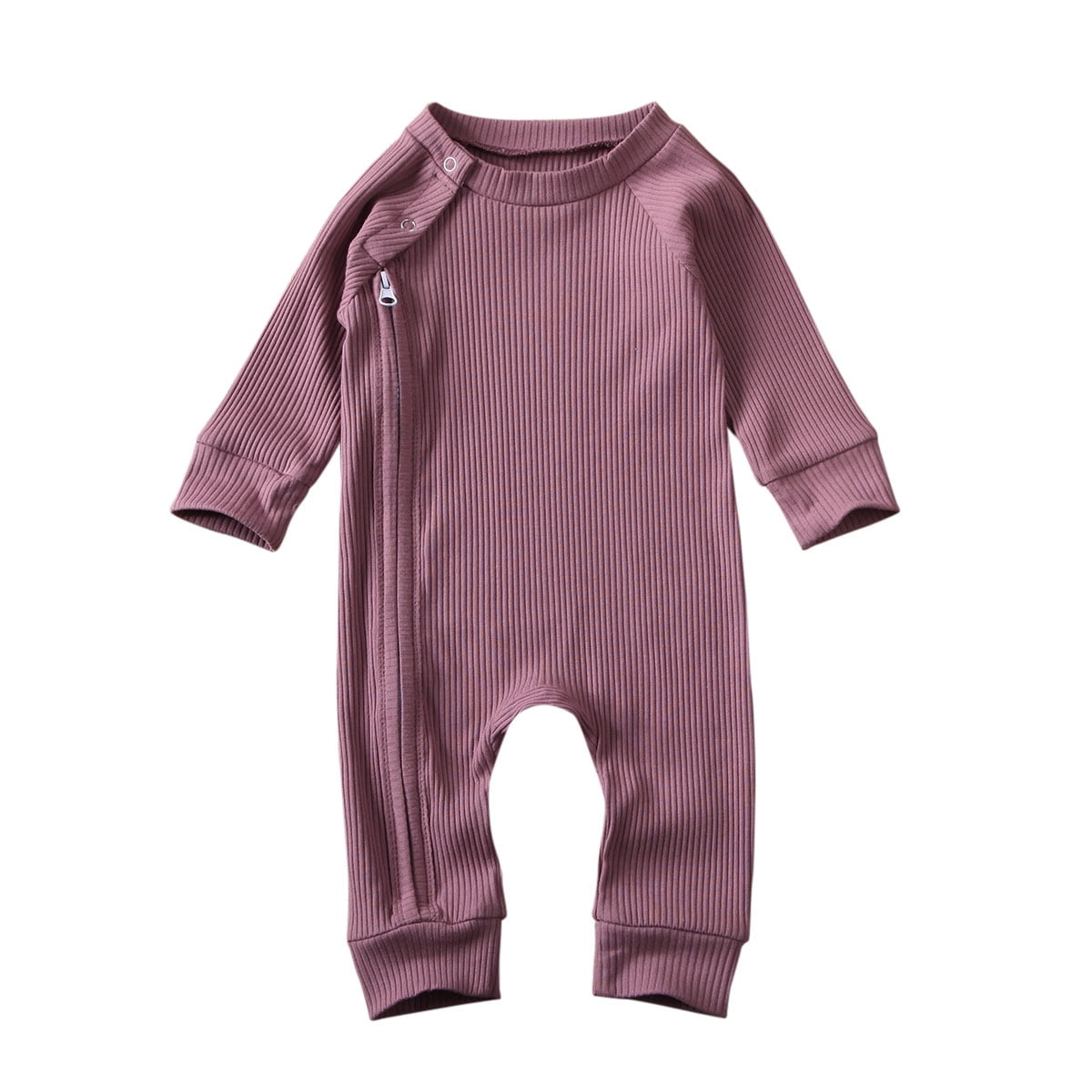 Goowrom Autumn Infant Baby Girls Boys Solid Color Ribbed Long Sleeve Romper Cotton Zipper One Piece Jumpsuits Purple