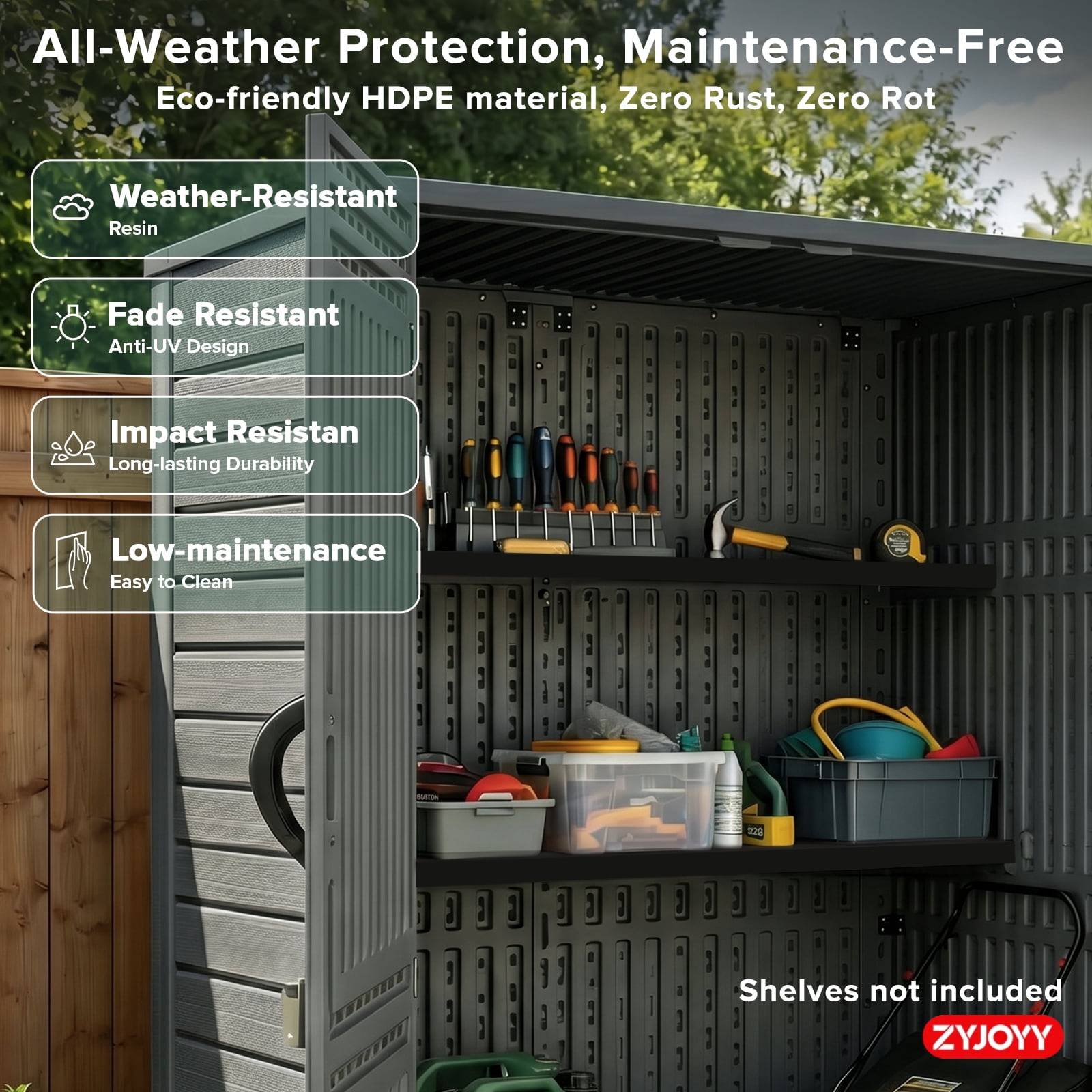 ZYJOYY 60 Cu.Ft Outdoor Resin Storage Shed with Floor & Double Doors, Lockable Waterproof All-Weather Garden Tool Shed for Patio & Backyard, Dark Gray