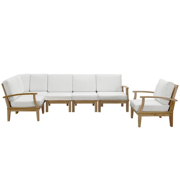 Modway Marina 6-Piece Solid Teak Wood Patio Sofa Sectional Set in Natural/White
