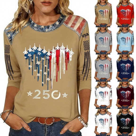 KDDYLITQ Womens 250 Anniversary Usa Tshirt 4th July National Flag Print 3/4 Sleeve Tees July 4th American Flag Freedom T-Shirts Red White and Blue Plus Size Crew Neck Tops Khaki L