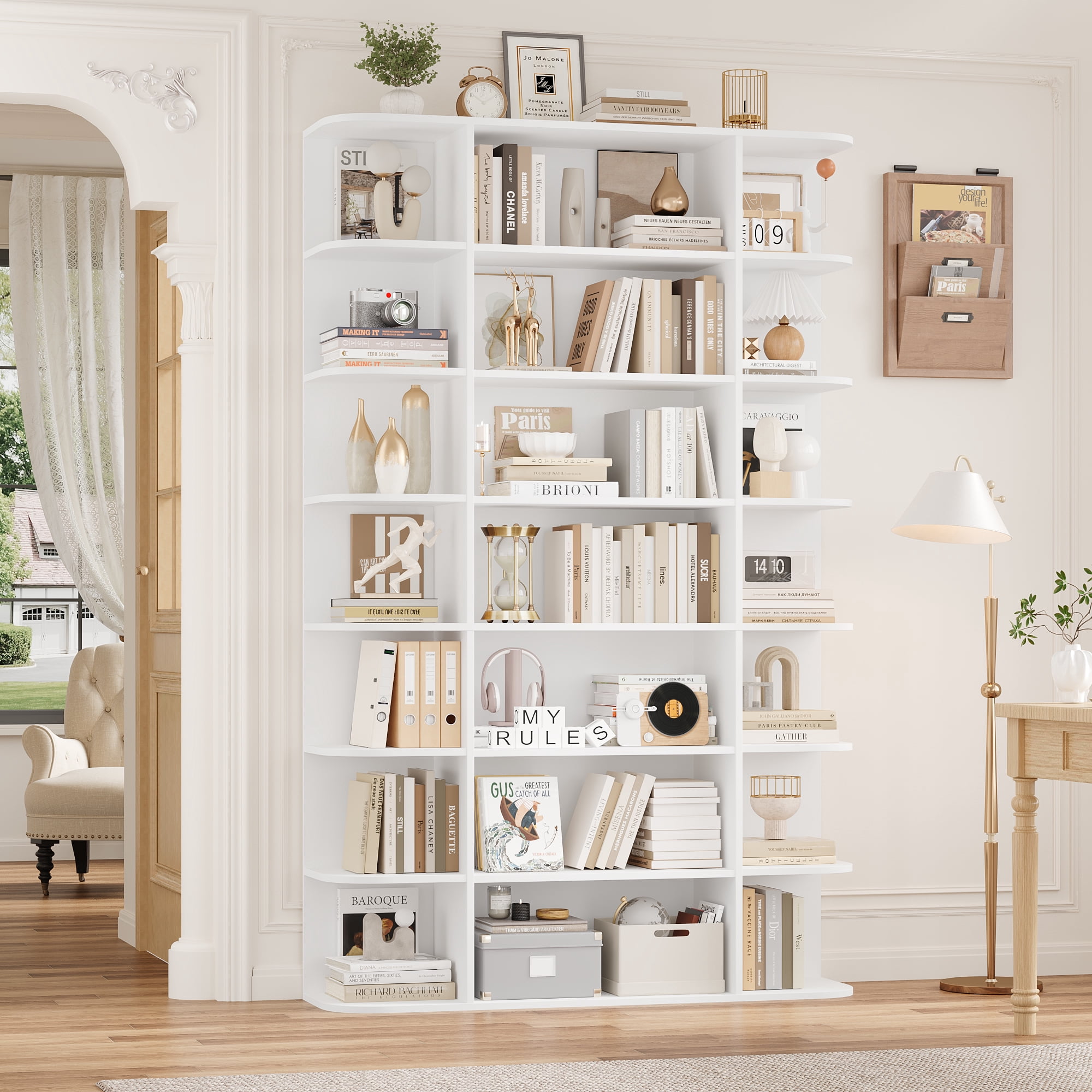 Homfa 7-Tier Triple Wide Bookcase, 84.6" Tall Bookshelf with Curved Display Shelves for Living Room Home Office Study, White