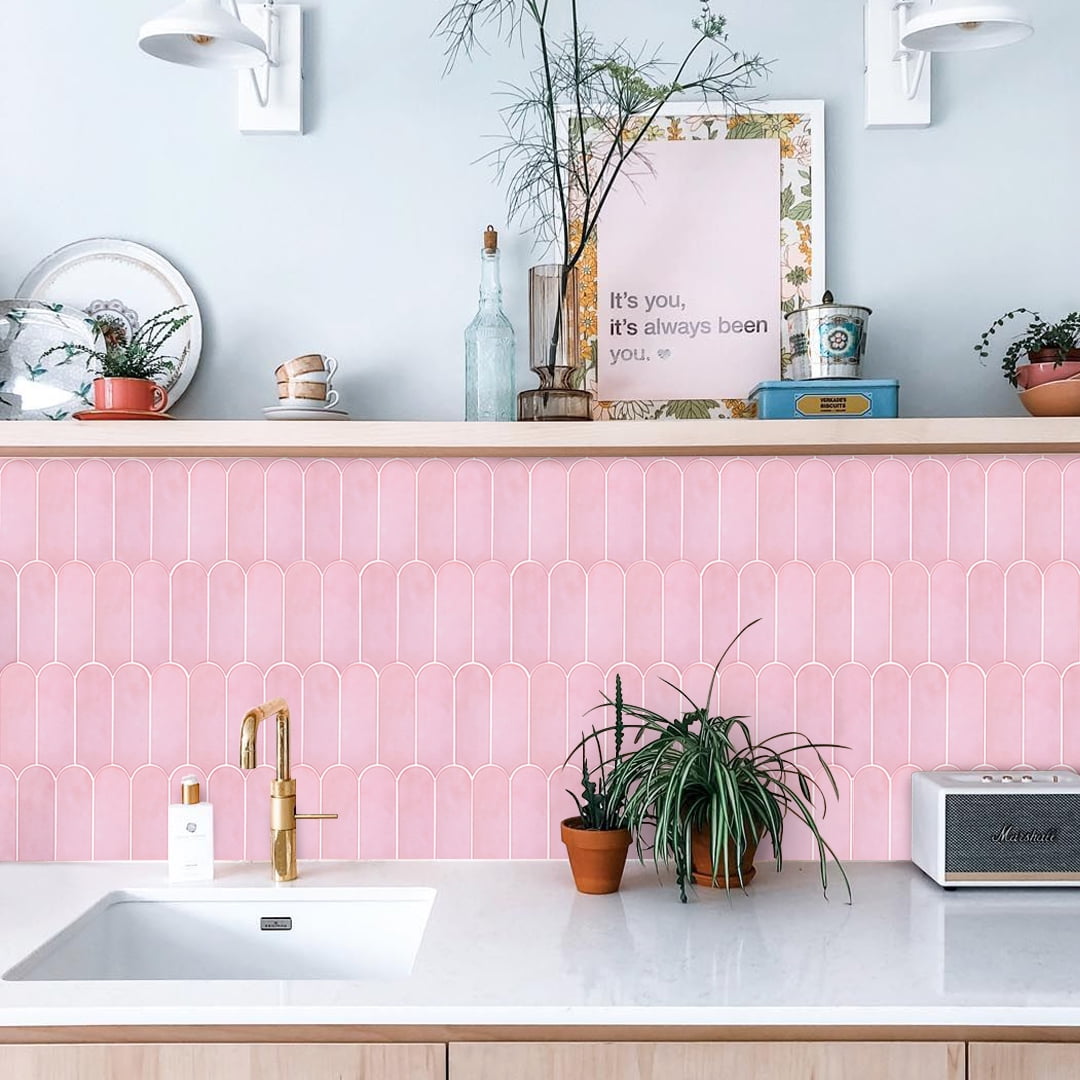 10-Sheet Peel and Stick Backsplash Tile, Self Adhesive Feather Backsplash Wall Tiles for Kitchen Bathroom (Thicker Design, Light Pink)