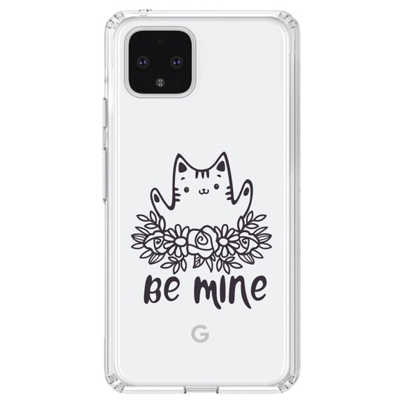 DistinctInk Clear Shockproof Hybrid Case for Google Pixel 4 (6.1" Screen) - TPU Bumper Acrylic Back Tempered Glass Screen Protector - Valentine Cat - Be Mine Flowers