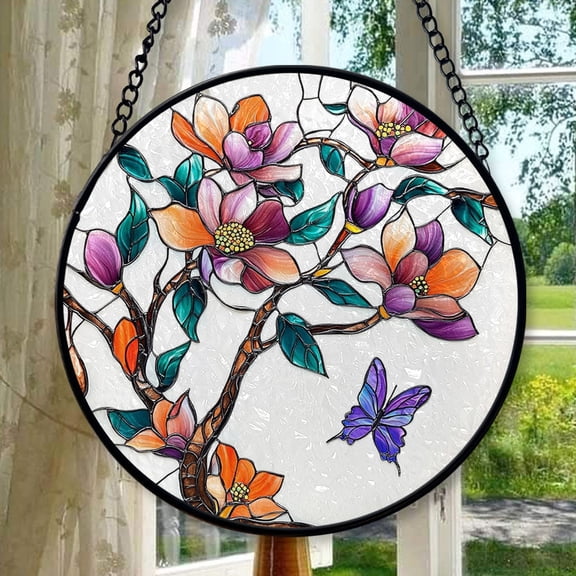 Mosaic Butterfly Magnolia Ornament Suncatcher Window Hangings Birthday Gift for Mom Grandma Teacher Women Friend Memorial Hook, 2025, 2025, Seasonal Holiday Decor, Holiday