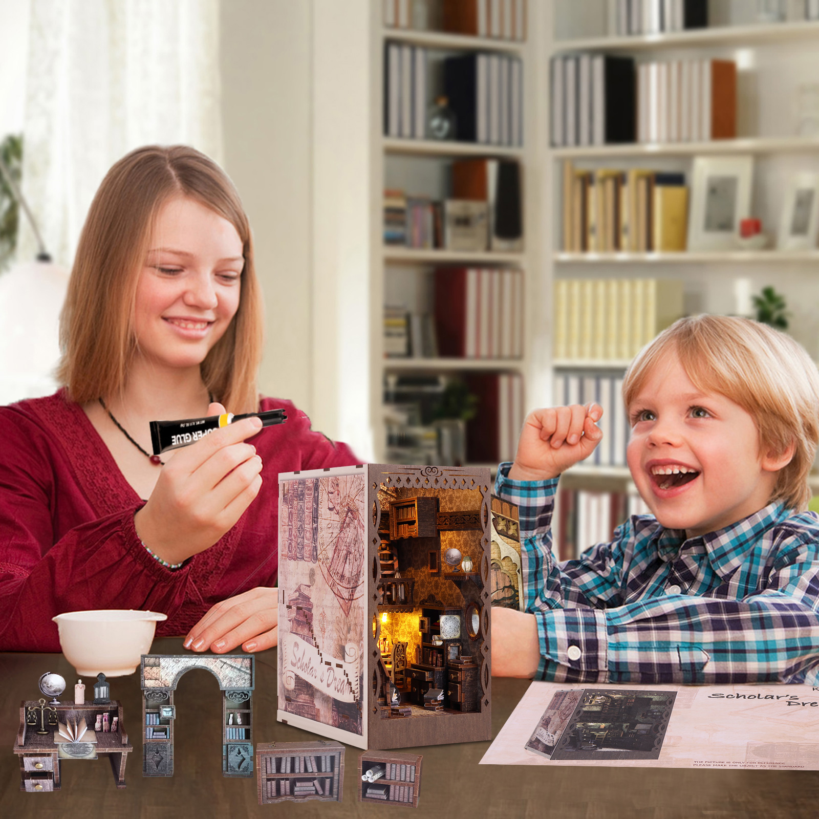 Kit De Miniatures Livre Style Chinois - Décoration étagère En Bois Avec Lumière LED, à Assembler Soi-même