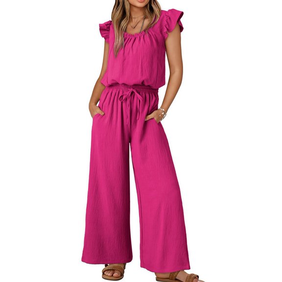 Jumpsuits for Women Summer Ruffle Sleeves Square Neck Rompers Drawstring Overalls with Pockets Rose Red S