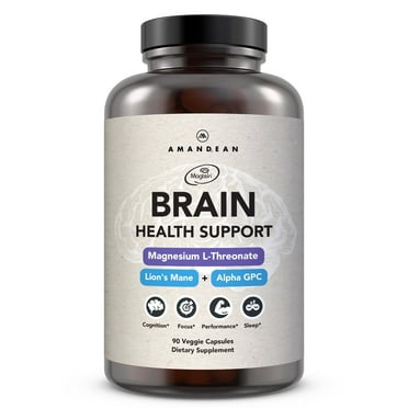 Amandean Brain Health Supplement. Magnesium L-Threonate (Magtein), Lion's Mane Mushroom Extract, Alpha GPC Choline Complex. Nootropic Cognitive Support for Memory, Focus, Clarity. 90 Veggie Capsules.