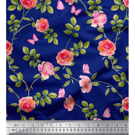 Soimoi Moss Georgette Fabric Leaves,Rose & Peony Floral Print Fabric by The Yard 42 Inch Wide