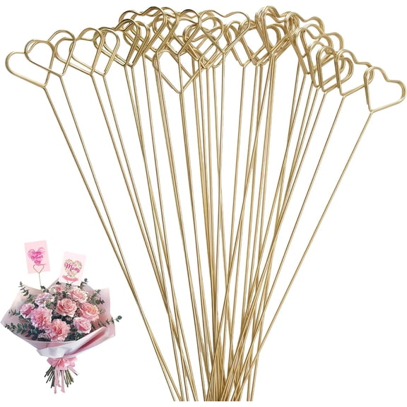 30Pcs Heart Floral Place Card Holders, Metal Wire Floral Picks Clips Gold Heart Craft Wire Clip Ring Loop Photo Clip Memo for Wedding Party Decoration