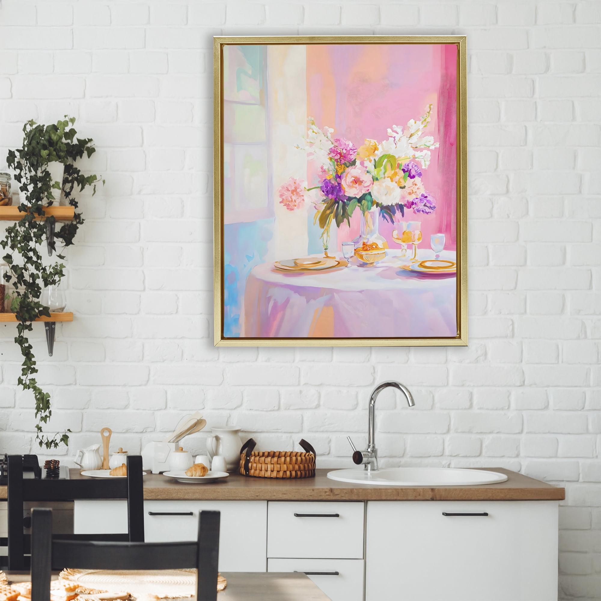 Stupell Industries Pink Brunch with Romantic Bouquet Gold Framed Floater Canvas Wall Art, design by The Prints Vibe