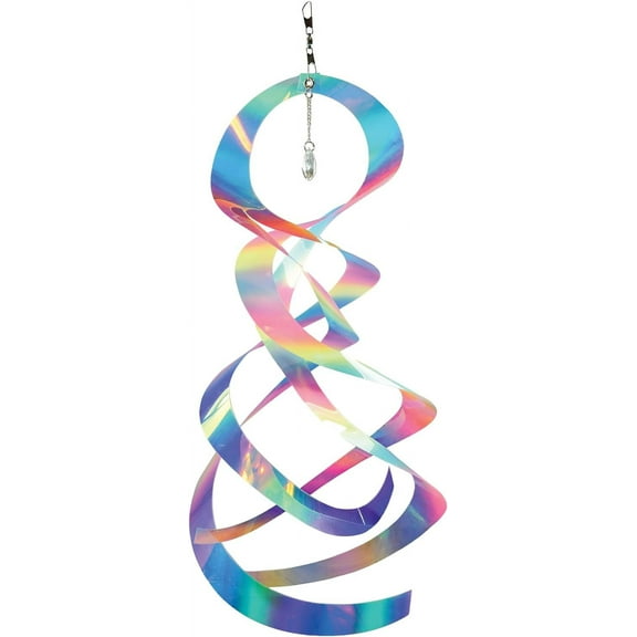 In the Breeze 9158 — Striped Iridescent Mylar Spin Quartet with Crystal — Colorful Suncatcher Wind Spinner for Yards and Gardens with Plastic Crystal