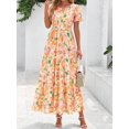 thumbnail image 5 of Orange Blossom Floral V-Neck Short Sleeve Elastic Waist Maxi Dress Casual, 5 of 30