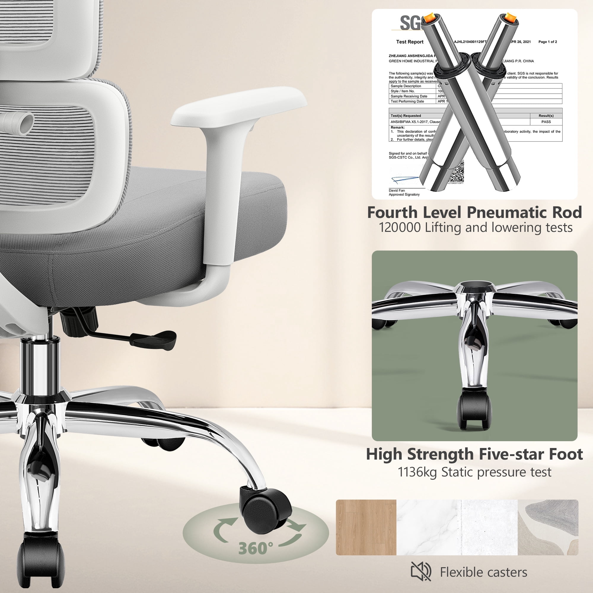 COOLHUT Ergonomic Mesh Office Chair, Big and Tall Computer Desk Chair with Adjustable Lumbar Support, Headrest and Armrest, High Back Home Office Chair for Workspace, Gaming,300LBS, Ligh Gray