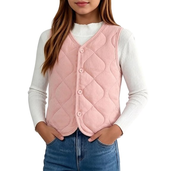 LUGOGNE Boys Girls Quilted Vest Button Front Sleeveless V Neck Lightweight Padded Jacket with Wave Stitching Kids Everyday Casual Layering Outerwear for Spring Fall School