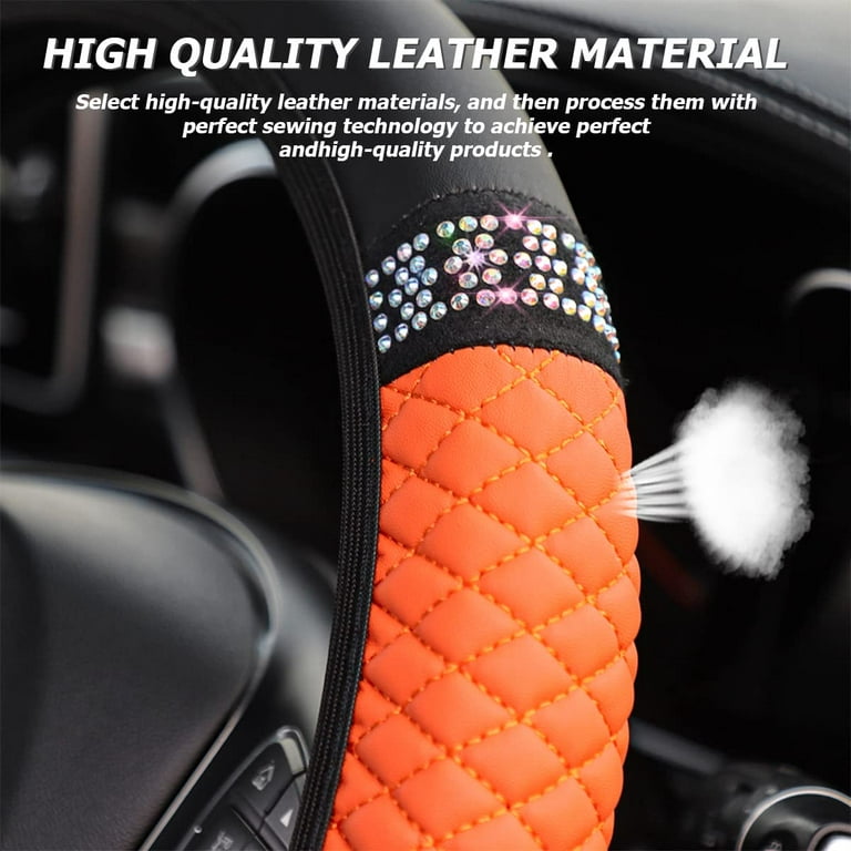 Bling Leather Steering Wheel Cover, Colorful Rhinestones Elastic Steering  Wheel Protector, PU Soft Leather with Crystal Diamond, Sparkling Car  Accessories for Most Cars (Orange) 