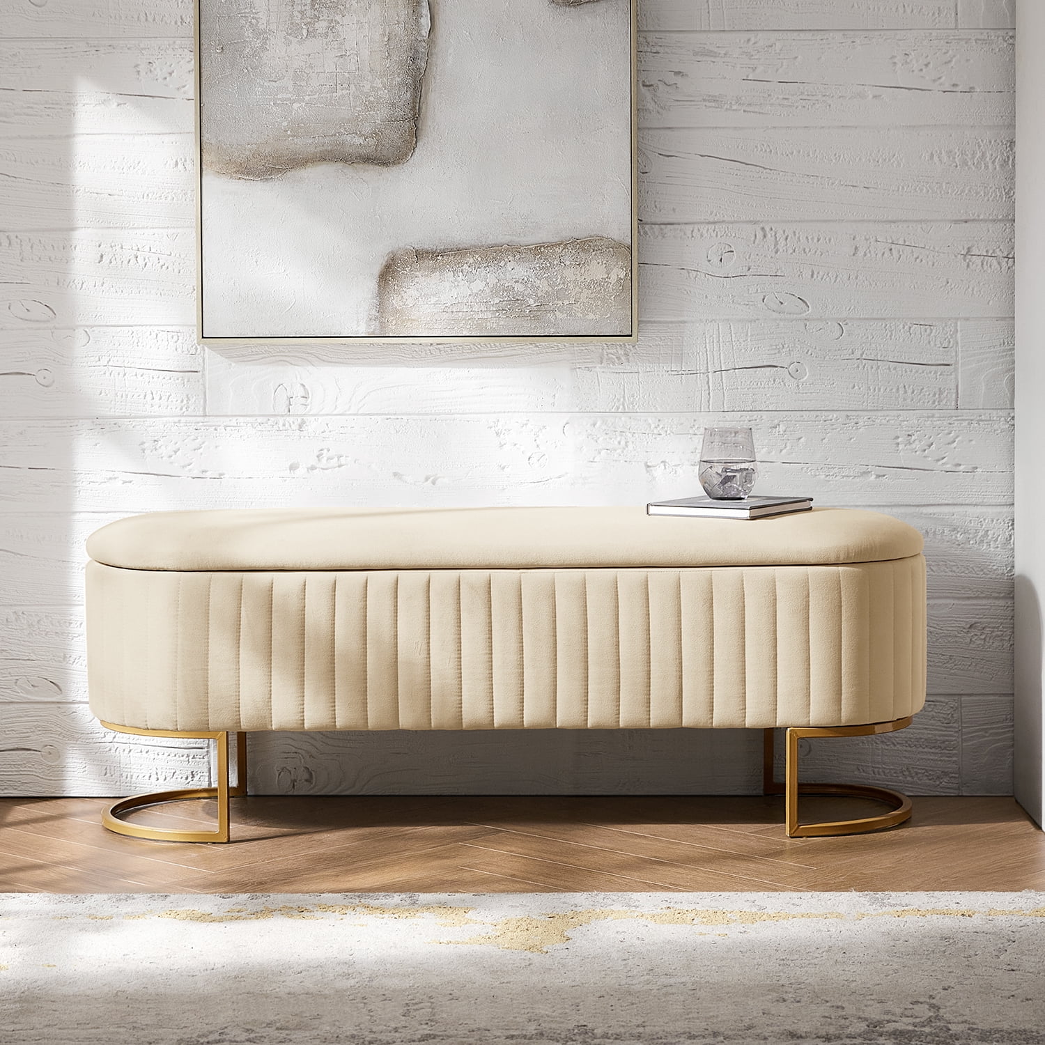 50.5" Upholstered Storage Bench For End of Bed Entryway Bedroom Ottoman Beige