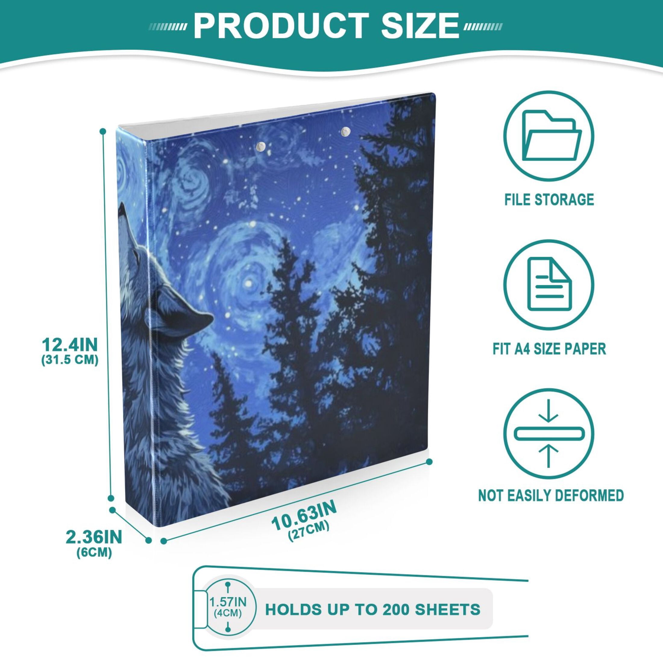 Starry Night Wolf 3 Ring Binders 1.5 inch Hardcover File Folders with Interior Pockets A4 Size Organizer for School Office Hospital