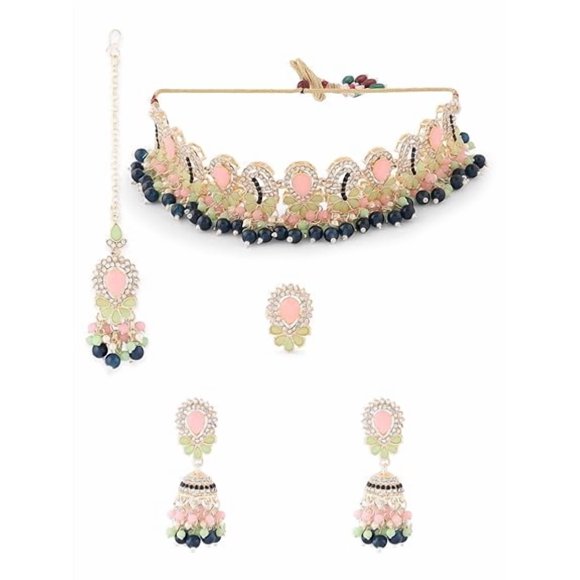 Multicolour Beaded Kundan Choker Necklace Set With Earring, Maang Tikka & Ring Set For Women | Dazzling Pearls Stones & Beads - Ethnic Indian Bridal Reception Choker Jewellery Set