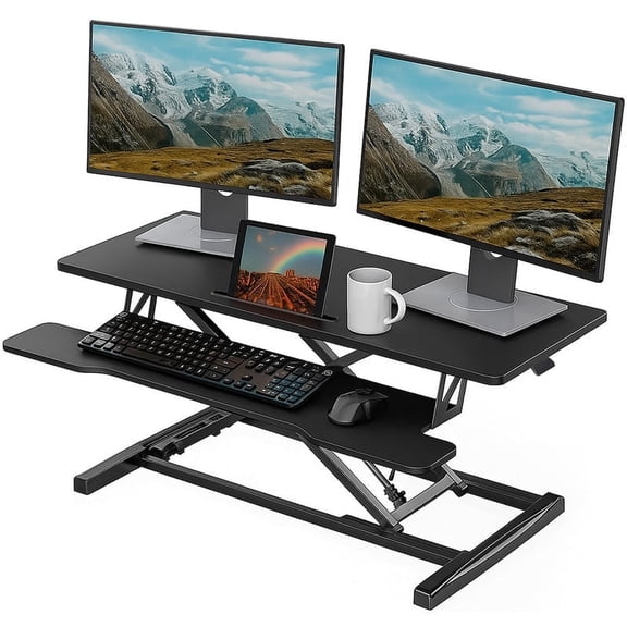 Stand Up Desk Riser, Height Adjustable 32" Laptop Sit Stand Desk Riser for Table Tops and Home Office with Keyboard Tray, Black
