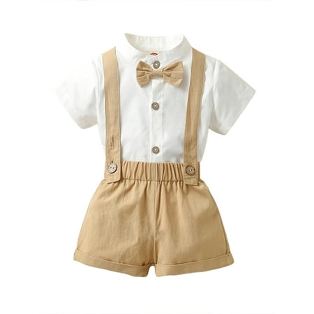 

Qtinghua Newborn Baby Boy Outfits Short Sleeve Bow-tie Bodysuit Romper Suspender Shorts 2Pcs Summer Clothes