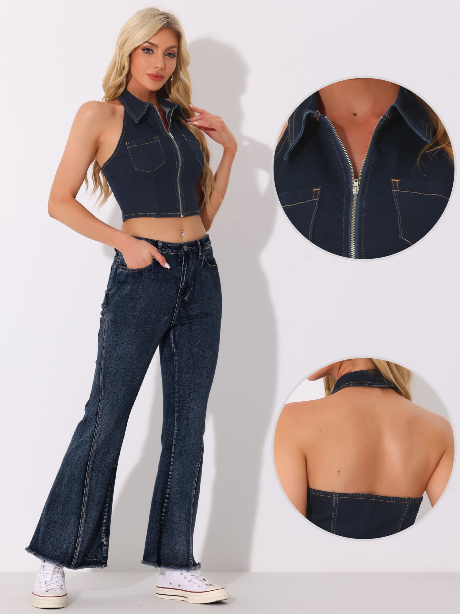 DARING DIVA Women's Halter Denim Top Zipper Up Collared Sleeveless Corset XL Black Blue