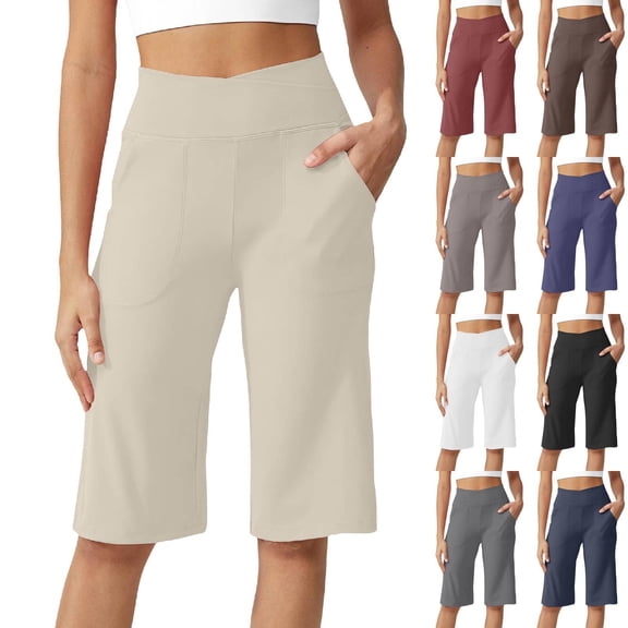Only Moment Women's Bermuda Long Shorts Naked Soft Cotton Feel Fabric High Waisted Work Travel Pants with Pockets Stretchy Business Casual Slacks Yoga Shorts with Pockets for Wowomen Dark Blue,S
