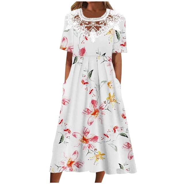Robe d'Été pour Femmes avec Manches Mode Femmes Été Couleur Unie Décontractée Col Rond Manches Courtes Robe de Vacances Robe d'Été avec Manches pour Femmes Robe d'Été Courte pour Femmes