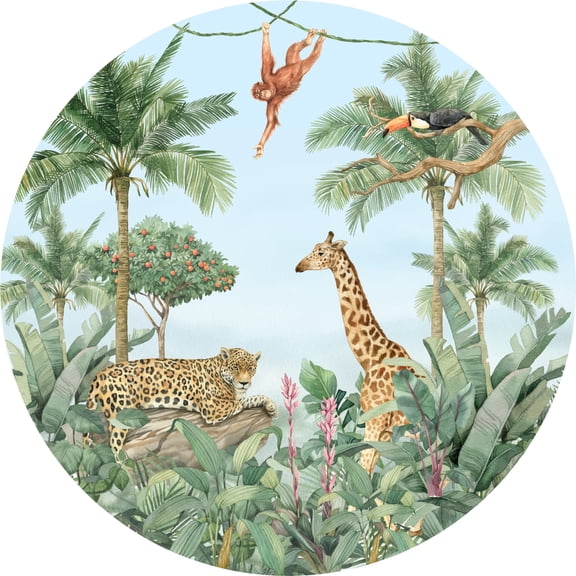 Dundee Deco's Contemporary Yellow Pink Brown Savannah Adventure Circular Peel and Stick Wall Mural, 55 in Diameter (17 sq ft.)
