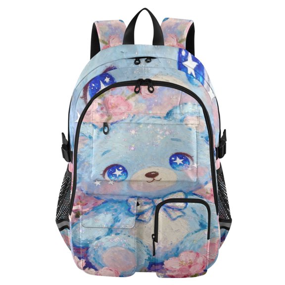DIXRUYEE Blue Floral Bear Backpack for School 14”Laptop Compatible with Reflective Safety Strips