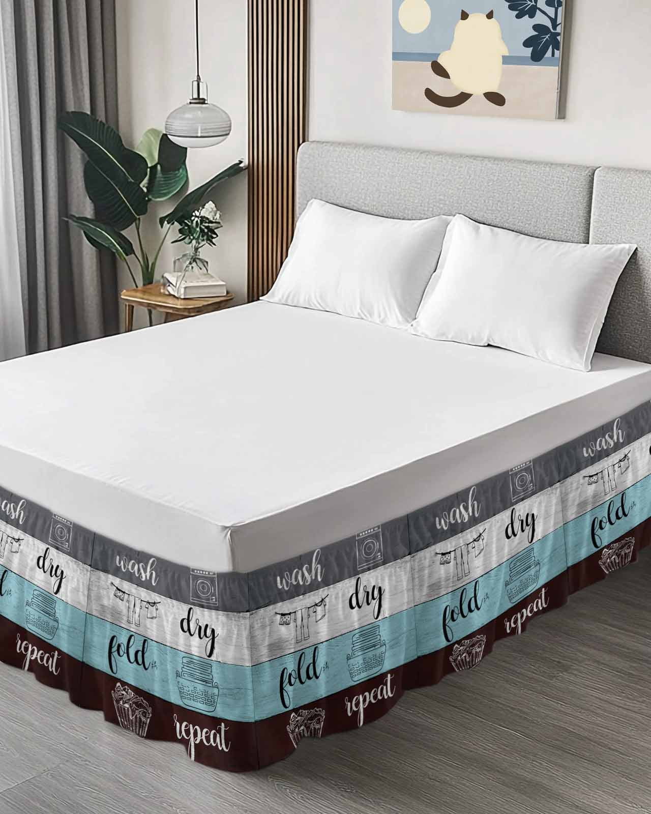 Laundry Rules Bed Skirt Retro Blue White Wood Board Grain Bed Skirts Queen Size 16 Inch Drop, Wrap Around Dust Ruffle&nbsp;Bedskirt with Adjustable Elastic Belt for Queen Size Beds
