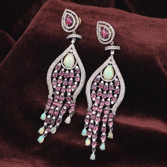 Natural Opal Tourmaline,Diamond Gemstone 925 Sterling Silver Earrings