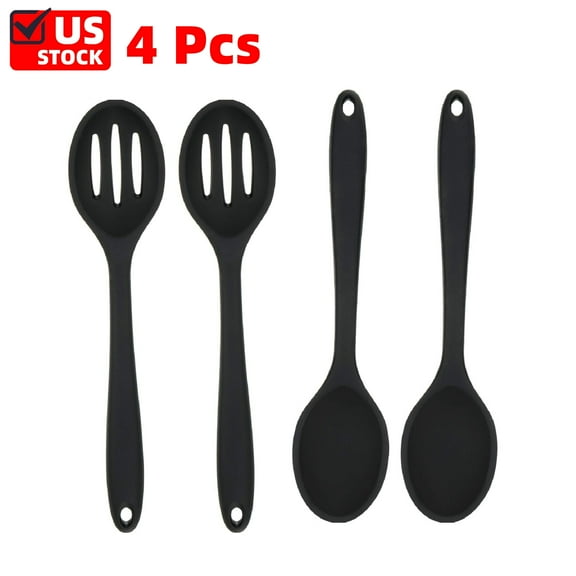 4 Pcs Heat Resistant Non Stick Silicone Serving Spoons Set -Ideal for Cooking, Baking, Mixing, Stirring Includes Slotted & Solid Spoons, Design for Nonstick Cookware