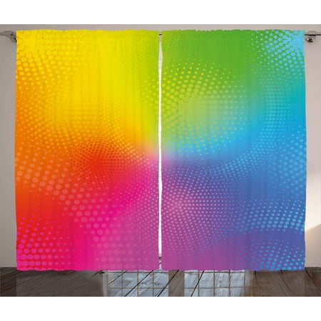 Iridescent Set - Rainbow Curtains 2 Panels Set, Vibrant Neon Colors Circles Rounds Dots Radiant Composition Iridescent Effect Print, Window Drapes for Living Room Bedroom, 108W X 90L Inches, Multicolor, by Ambesonne