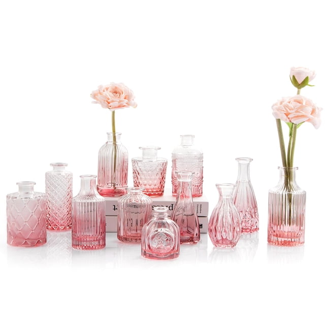 Juego de 12 jarrones de cristal TBWIND pequeños floreros para flores, mini floreros vintage para centros de mesa, florero de cristal rosa a granel para decoración de bodas, flores individuales, mesa d