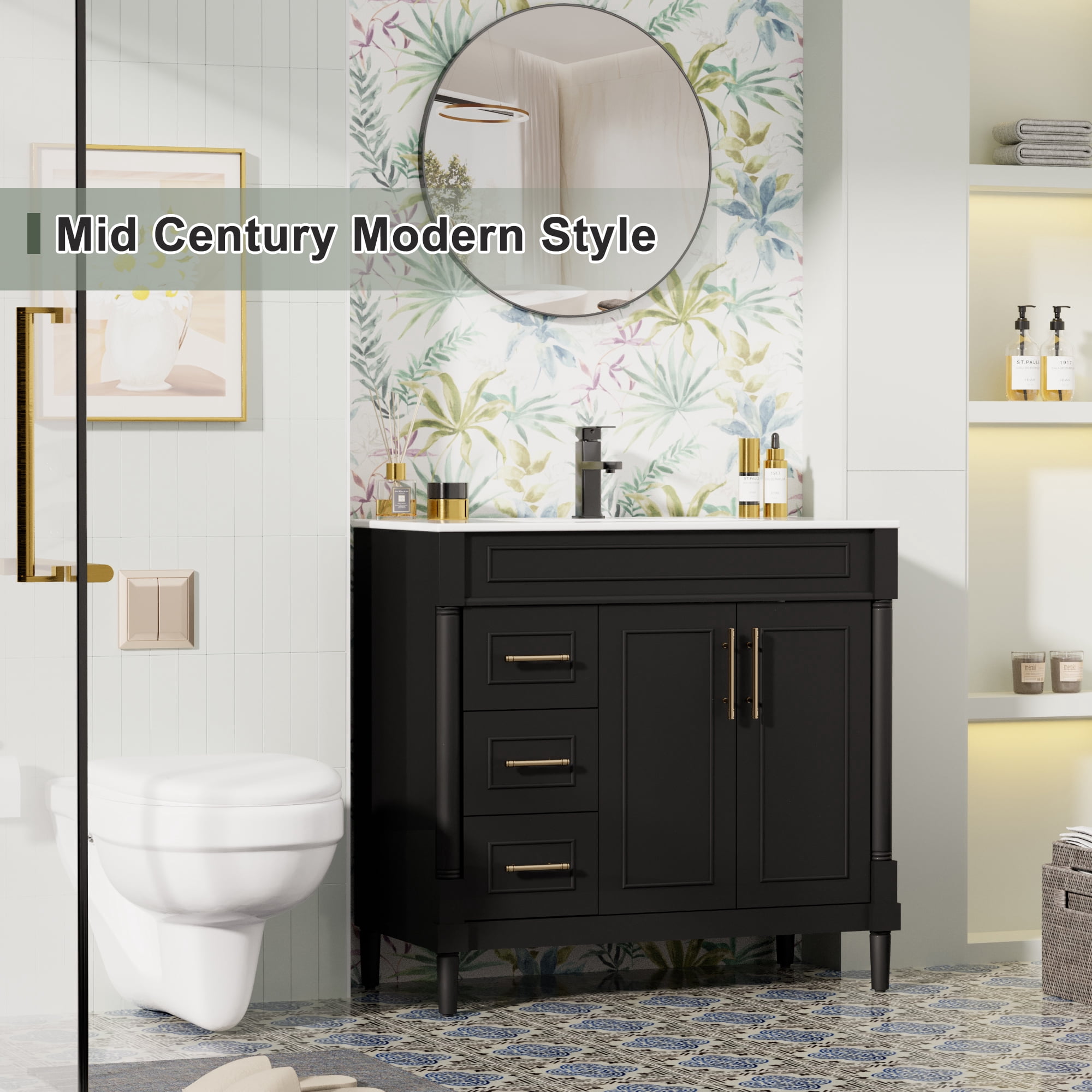 36" Freestanding Bathroom Vanity with Ceramic Sink Top, Zinc Alloy Faucet, Classic Tapered legs